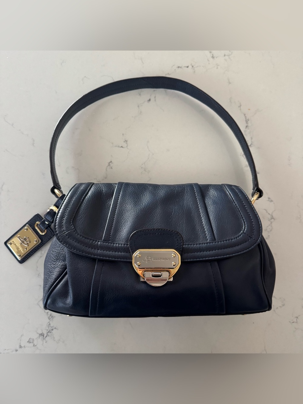 B Makowsky Navy Flap Shoulder Bag